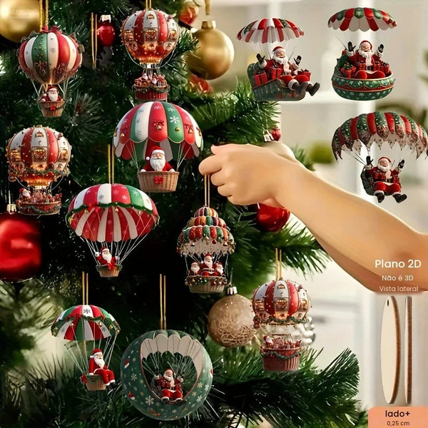 Kit 12 Enfeites de Madeira Papai Noel no Balão