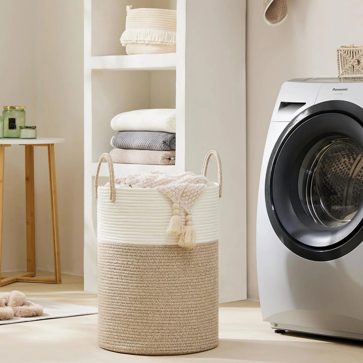 Cesto Alto de Corda para Roupa Suja com Alças, 58 L