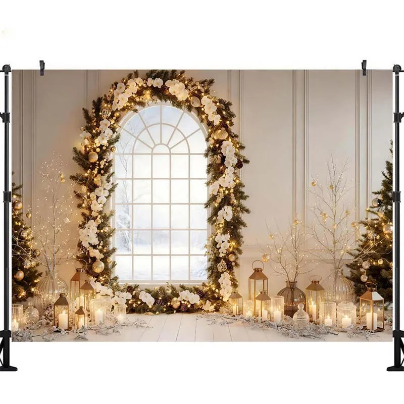 Fundo de Janela em Arco de Natal LS com Pinheiros, Lanternas e Caixas de Presente para Fotos de Crianças e Família, Acessórios de Natal
