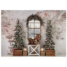 Fundo de Janela em Arco de Natal LS com Pinheiros, Lanternas e Caixas de Presente para Fotos de Crianças e Família, Acessórios de Natal