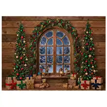 Fundo de Janela em Arco de Natal LS com Pinheiros, Lanternas e Caixas de Presente para Fotos de Crianças e Família, Acessórios de Natal
