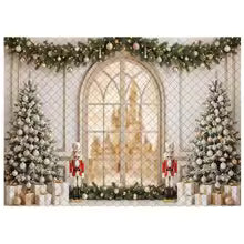 Fundo de Janela em Arco de Natal LS com Pinheiros, Lanternas e Caixas de Presente para Fotos de Crianças e Família, Acessórios de Natal