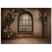 Fundo de Janela em Arco de Natal LS com Pinheiros, Lanternas e Caixas de Presente para Fotos de Crianças e Família, Acessórios de Natal