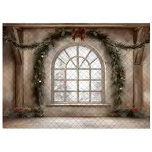 Fundo de Janela em Arco de Natal LS com Pinheiros, Lanternas e Caixas de Presente para Fotos de Crianças e Família, Acessórios de Natal