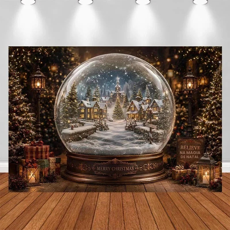 Fundo de Parede Vintage de Natal LS com Janela de Inverno, Cortina Vermelha, Aldeia Nevada, Lua, Mapa do Papai Noel e Foguete - Decorações de Natal