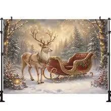 Fundo de Parede Vintage de Natal LS com Janela de Inverno, Cortina Vermelha, Aldeia Nevada, Lua, Mapa do Papai Noel e Foguete - Decorações de Natal