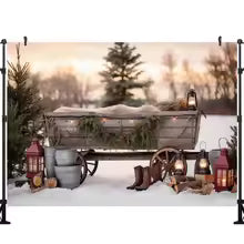 Fundo de Parede Vintage de Natal LS com Janela de Inverno, Cortina Vermelha, Aldeia Nevada, Lua, Mapa do Papai Noel e Foguete - Decorações de Natal