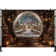 Fundo de Parede Vintage de Natal LS com Janela de Inverno, Cortina Vermelha, Aldeia Nevada, Lua, Mapa do Papai Noel e Foguete - Decorações de Natal