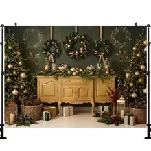 Fundo de Parede Vintage de Natal LS com Janela de Inverno, Cortina Vermelha, Aldeia Nevada, Lua, Mapa do Papai Noel e Foguete - Decorações de Natal