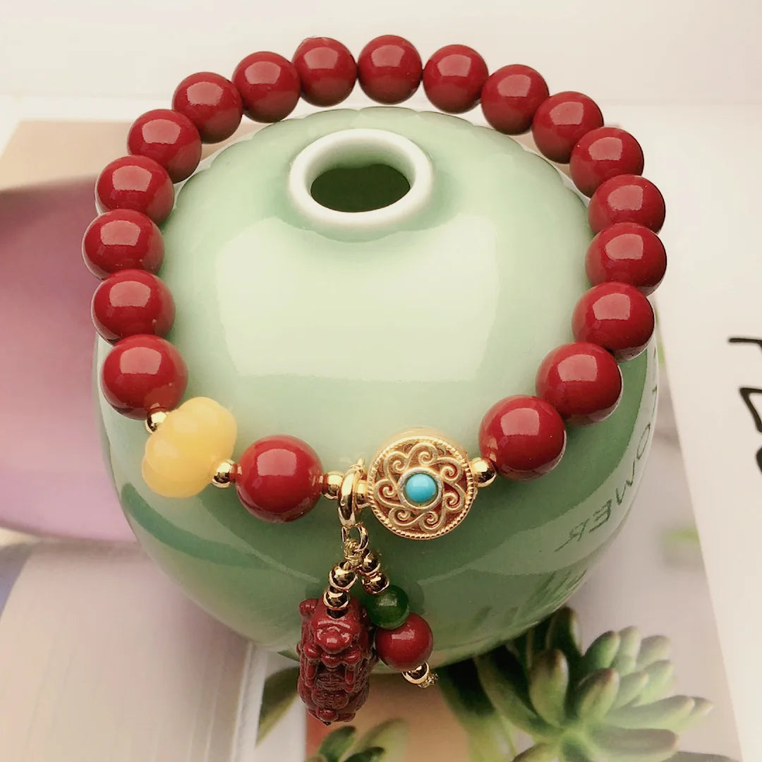Pulseiras de cinábrio para mulheres, contas redondas feitas à mão de 8 metros no ano do zodíaco, obra-prima do casal DIY, presente do melhor amigo