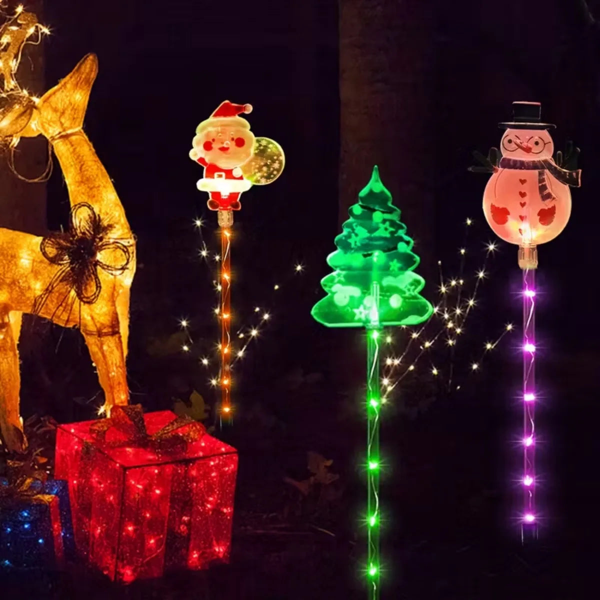1 conjunto de luzes solares de papai noel, árvore de natal e alce 6 em 1 para jardim ao ar livre, luzes solares para gramado, quintal, decoração de férias