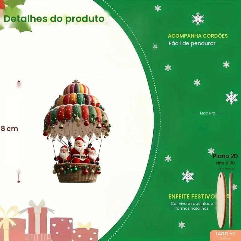 12 pçs árvore de natal 2d conjunto de decoração de suspensão de madeira com papai noel móvel e balão de ar quente-decoração de presente de feriado perfeito de natal