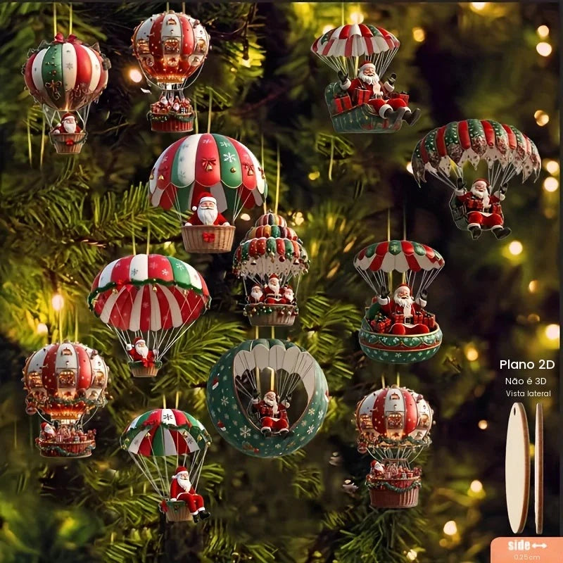 12 pçs árvore de natal 2d conjunto de decoração de suspensão de madeira com papai noel móvel e balão de ar quente-decoração de presente de feriado perfeito de natal