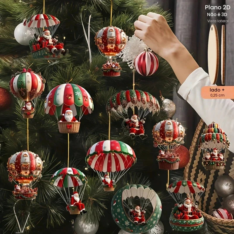 12 pçs árvore de natal 2d conjunto de decoração de suspensão de madeira com papai noel móvel e balão de ar quente-decoração de presente de feriado perfeito de natal