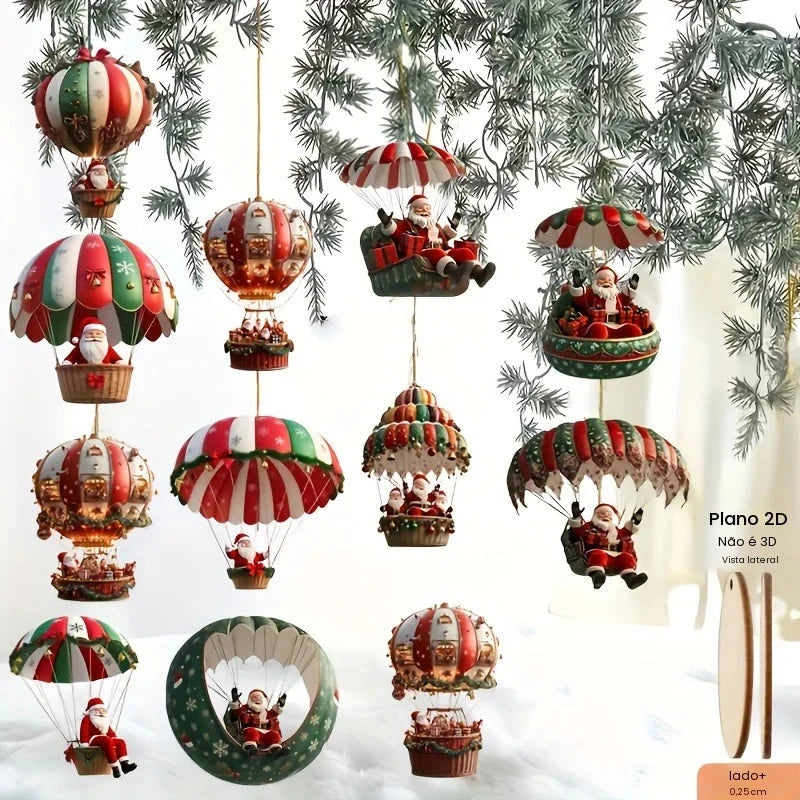 12 pçs árvore de natal 2d conjunto de decoração de suspensão de madeira com papai noel móvel e balão de ar quente-decoração de presente de feriado perfeito de natal