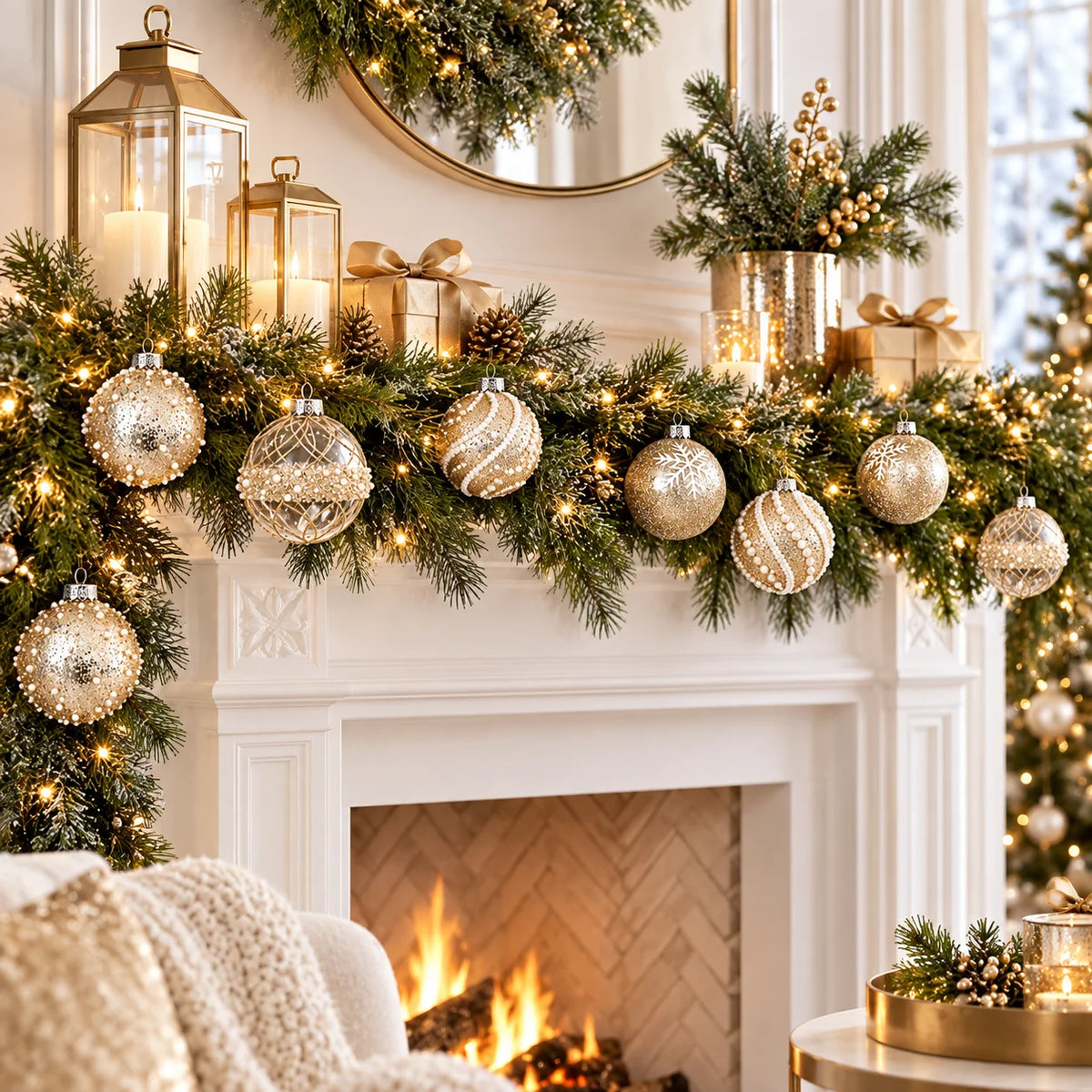 12 peças de enfeites de Natal em forma de bola, 8 cm, cor dourada champanhe, transparentes, 4 estilos diferentes, com glitter, pérolas e flocos de neve, resistentes a quebras, para pendurar na árvore de Natal.