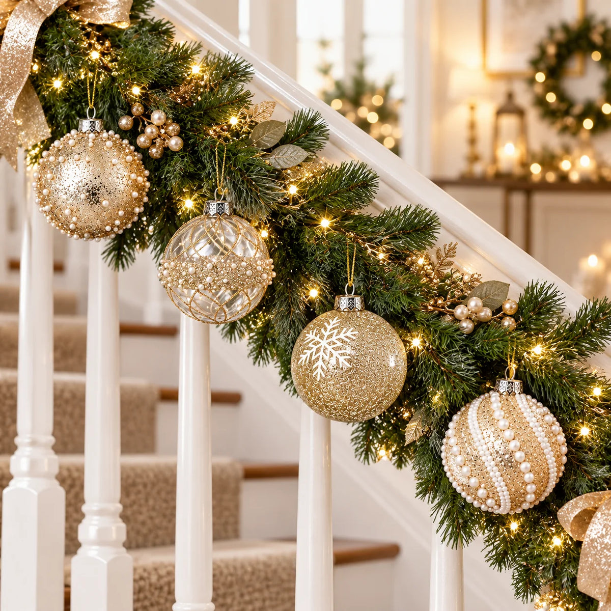 12 peças de enfeites de Natal em forma de bola, 8 cm, cor dourada champanhe, transparentes, 4 estilos diferentes, com glitter, pérolas e flocos de neve, resistentes a quebras, para pendurar na árvore de Natal.