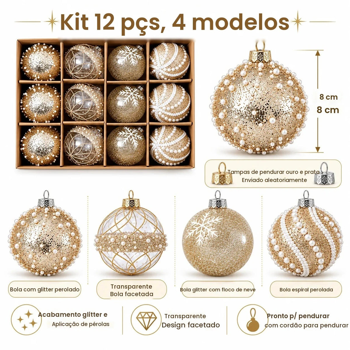 12 peças de enfeites de Natal em forma de bola, 8 cm, cor dourada champanhe, transparentes, 4 estilos diferentes, com glitter, pérolas e flocos de neve, resistentes a quebras, para pendurar na árvore de Natal.