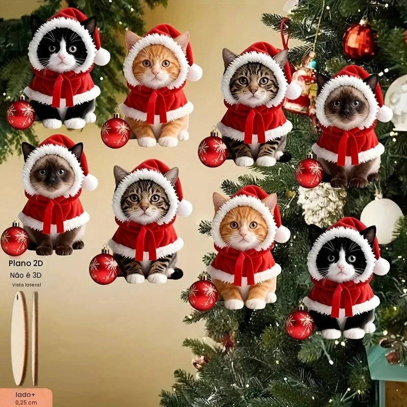 8/16 Estilos Aleatórios de Enfeites em Forma de Gatinho com Chapéus de Natal, Pingentes Planos 2D para Festas, Decorações de Madeira para Pendurar em Árvores, Decoração de Casa, Festas e Presentes de Natal