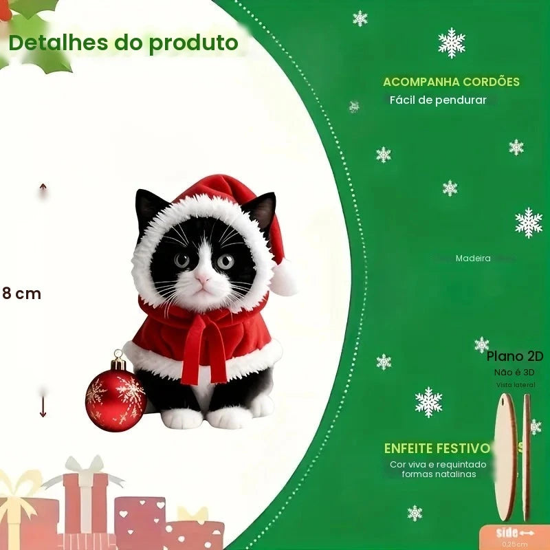 8/16 Estilos Aleatórios de Enfeites em Forma de Gatinho com Chapéus de Natal, Pingentes Planos 2D para Festas, Decorações de Madeira para Pendurar em Árvores, Decoração de Casa, Festas e Presentes de Natal