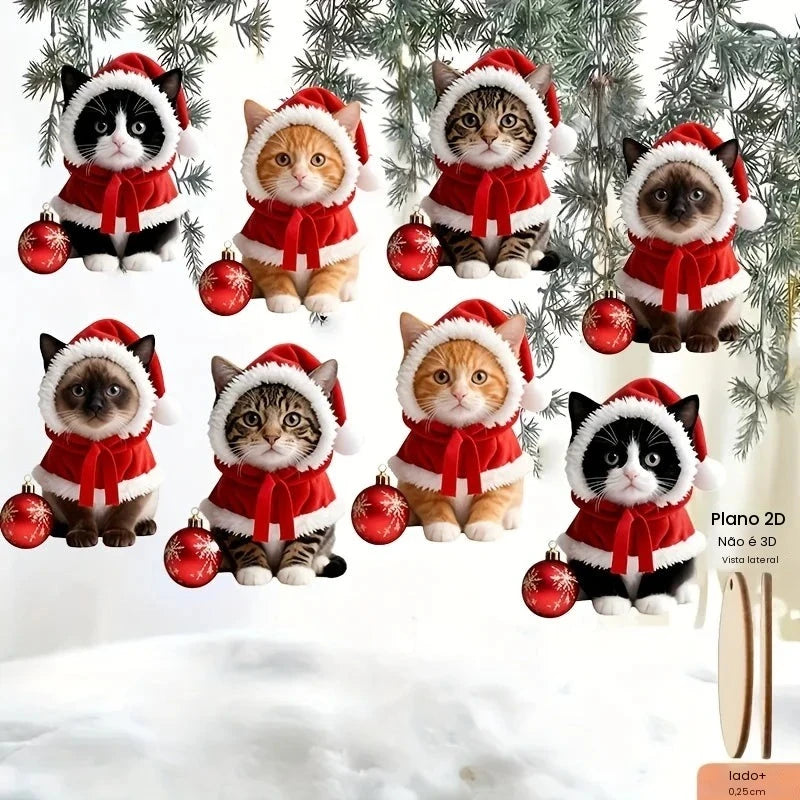 8/16 Estilos Aleatórios de Enfeites em Forma de Gatinho com Chapéus de Natal, Pingentes Planos 2D para Festas, Decorações de Madeira para Pendurar em Árvores, Decoração de Casa, Festas e Presentes de Natal
