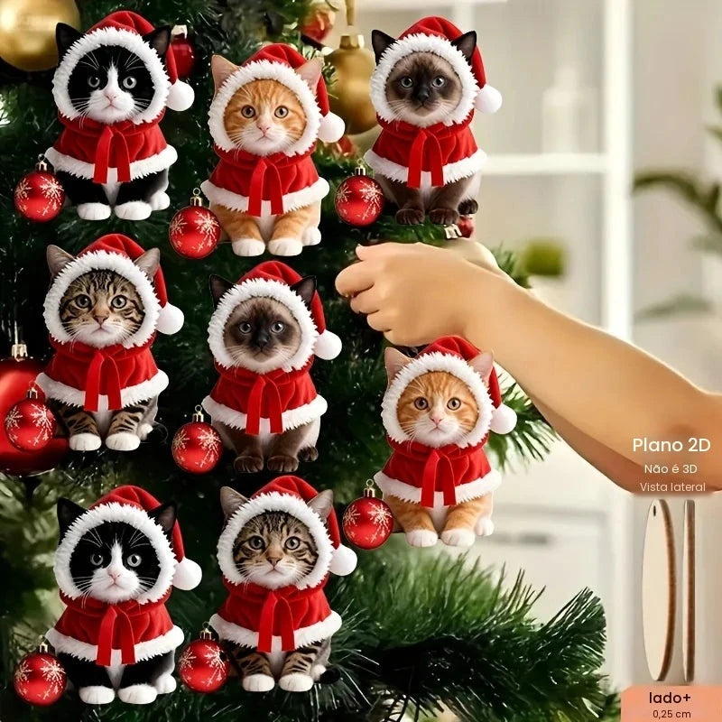 8/16 Estilos Aleatórios de Enfeites em Forma de Gatinho com Chapéus de Natal, Pingentes Planos 2D para Festas, Decorações de Madeira para Pendurar em Árvores, Decoração de Casa, Festas e Presentes de Natal