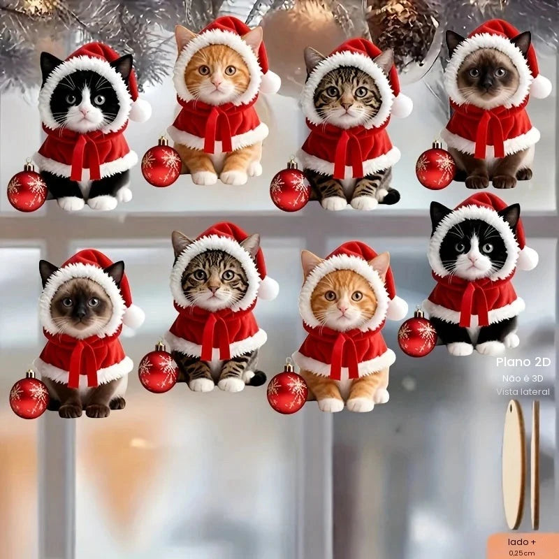 8/16 Estilos Aleatórios de Enfeites em Forma de Gatinho com Chapéus de Natal, Pingentes Planos 2D para Festas, Decorações de Madeira para Pendurar em Árvores, Decoração de Casa, Festas e Presentes de Natal