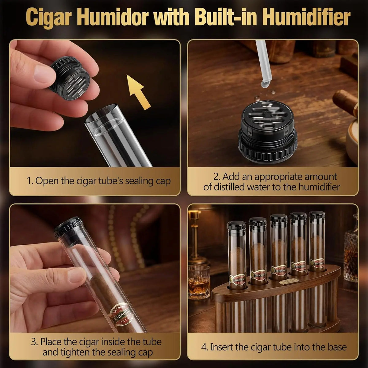 Conjunto de Presente para Charutos com Suporte de Mesa de Madeira – 5 Tubos Inquebráveis com Umidificadores Integrados, Adequado para Charutos com Calibre 60