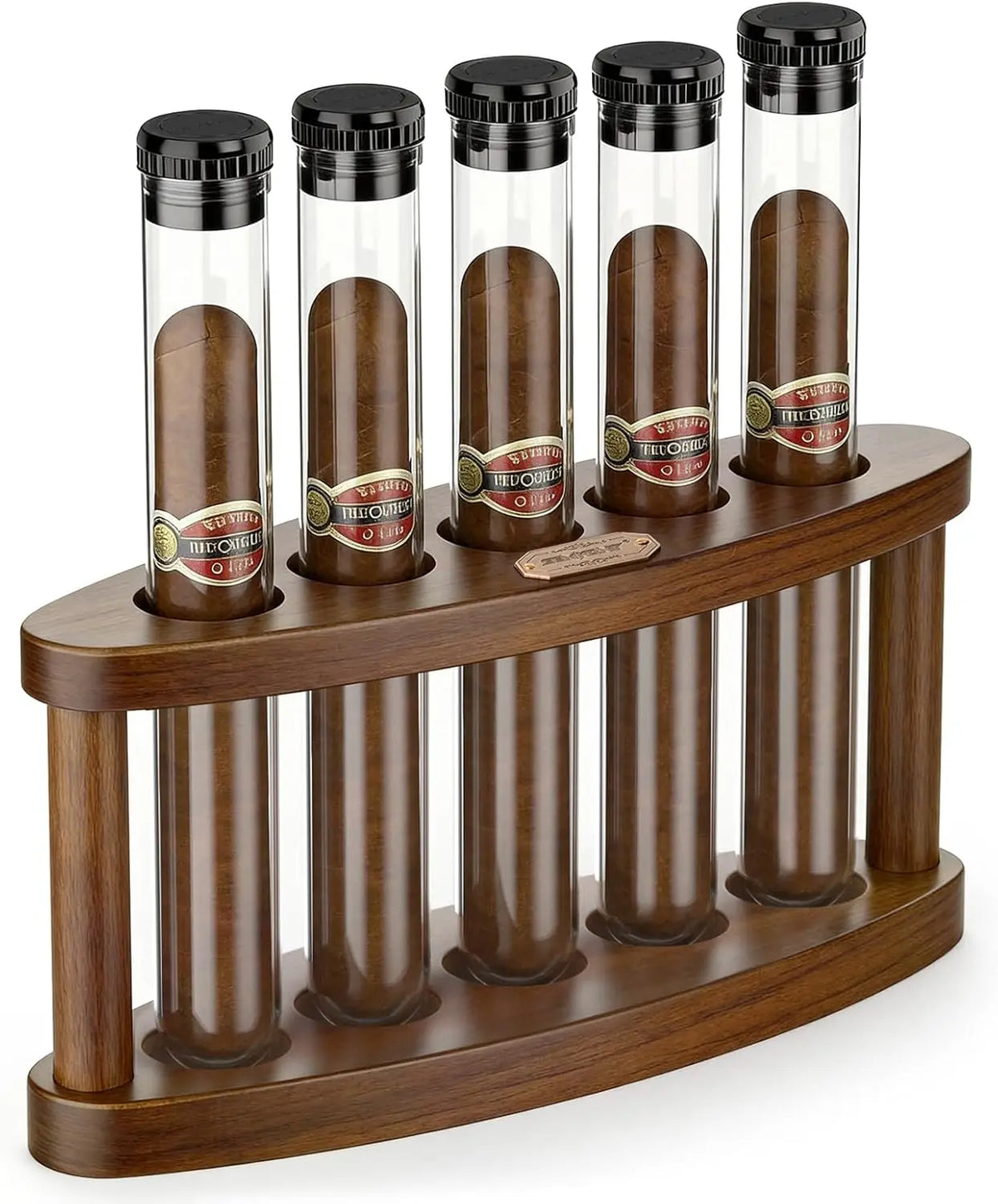 Conjunto de Presente para Charutos com Suporte de Mesa de Madeira – 5 Tubos Inquebráveis com Umidificadores Integrados, Adequado para Charutos com Calibre 60