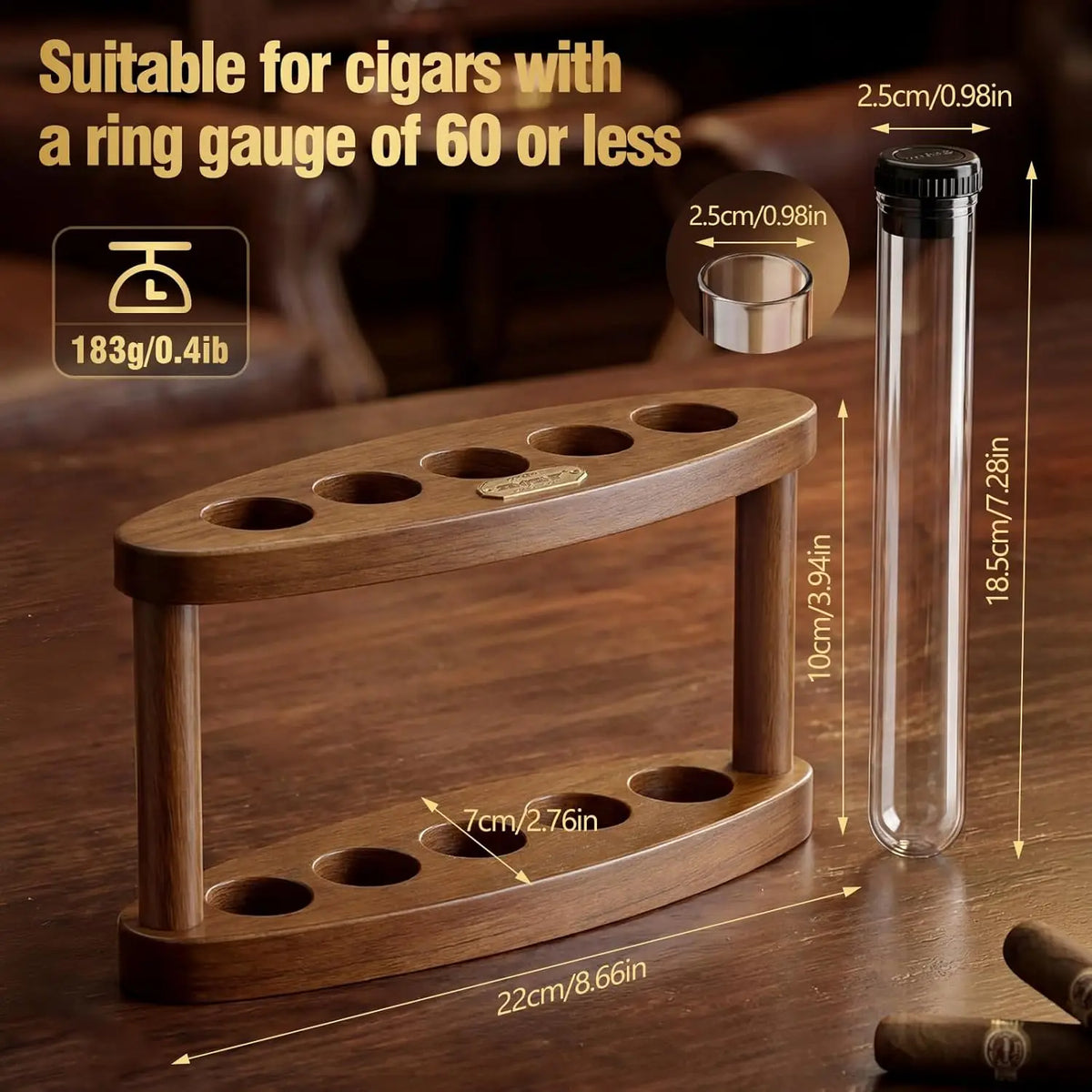 Conjunto de Presente para Charutos com Suporte de Mesa de Madeira – 5 Tubos Inquebráveis com Umidificadores Integrados, Adequado para Charutos com Calibre 60