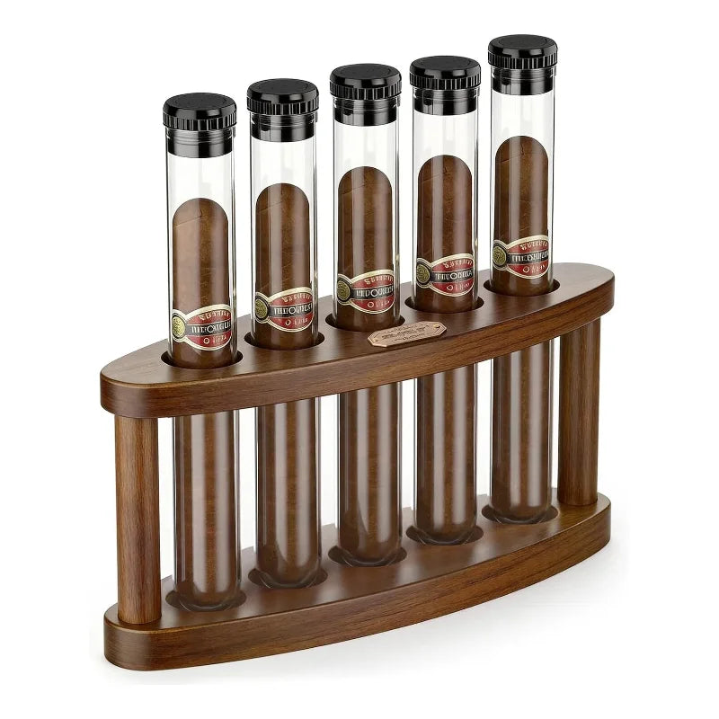 Conjunto de Presente para Charutos com Suporte de Mesa de Madeira – 5 Tubos Inquebráveis com Umidificadores Integrados, Adequado para Charutos com Calibre 60