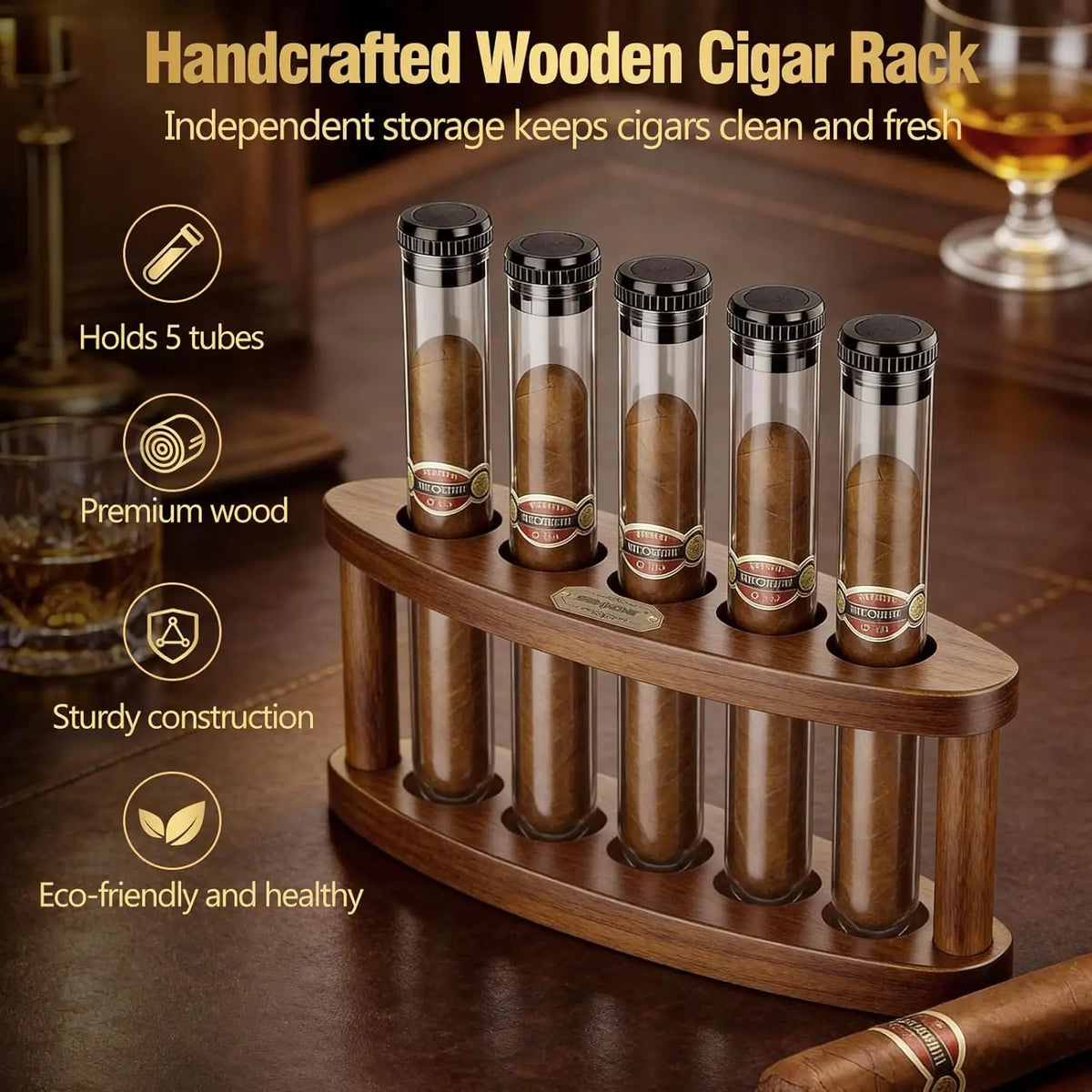 Conjunto de Presente para Charutos com Suporte de Mesa de Madeira – 5 Tubos Inquebráveis com Umidificadores Integrados, Adequado para Charutos com Calibre 60