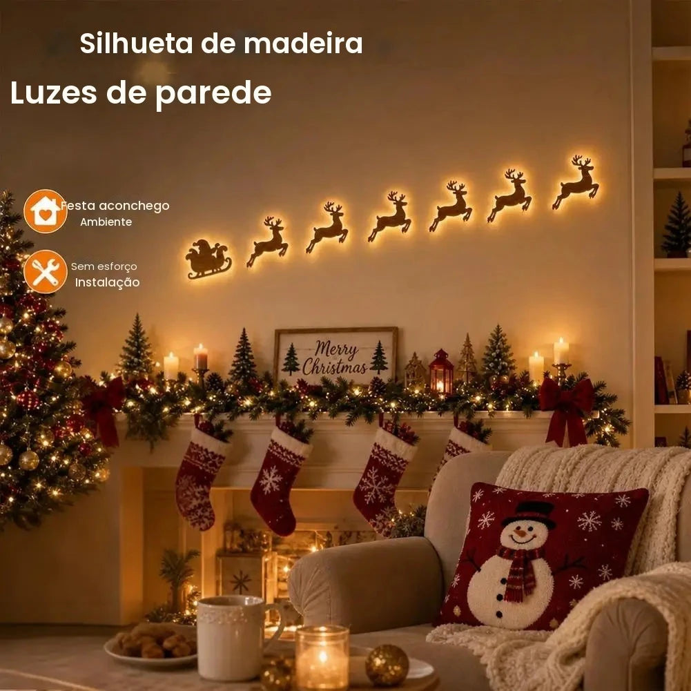 Adesivos de parede de renas luminosas com luzes LED para decoração natalina, iluminação festiva para exteriores, decoração de madeira para o feriado, presente.