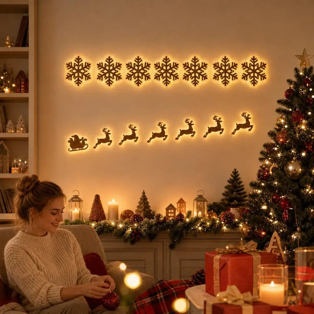 Adesivos de parede de renas luminosas com luzes LED para decoração natalina, iluminação festiva para exteriores, decoração de madeira para o feriado, presente.