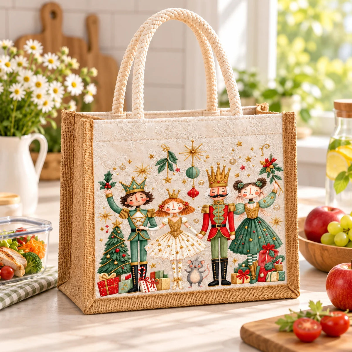 Bolsa tote com estampa de quebra-nozes, alça trançada, bolsa para transportar o almoço, organizador reutilizável para compras, leve, ideal para piqueniques e para guardar objetos, para mulheres.