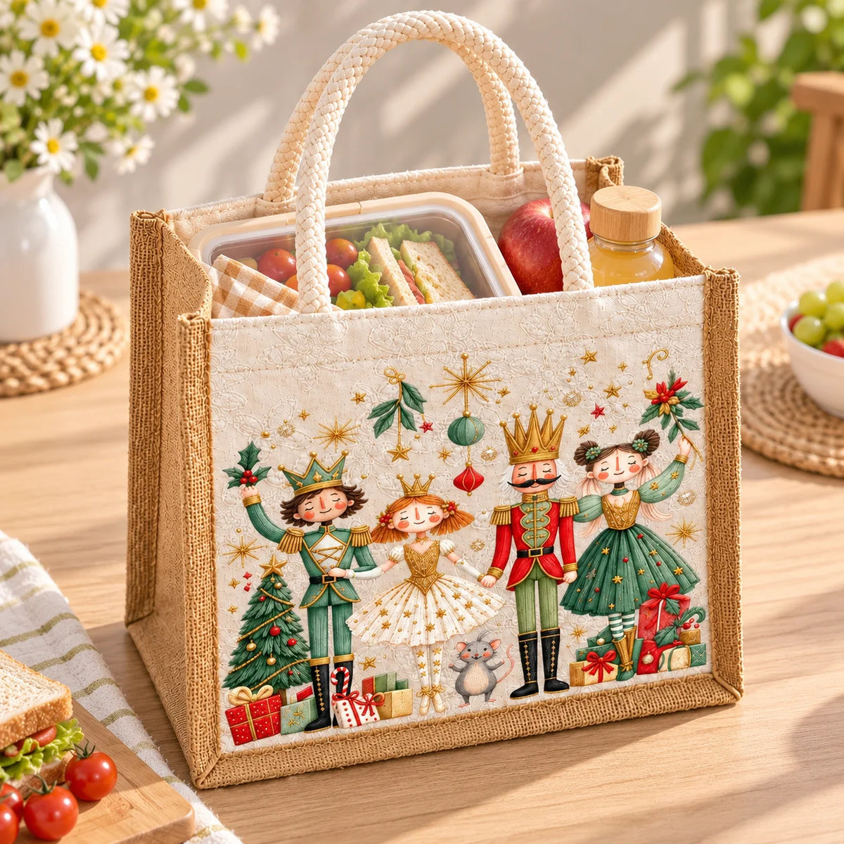 Bolsa tote com estampa de quebra-nozes, alça trançada, bolsa para transportar o almoço, organizador reutilizável para compras, leve, ideal para piqueniques e para guardar objetos, para mulheres.