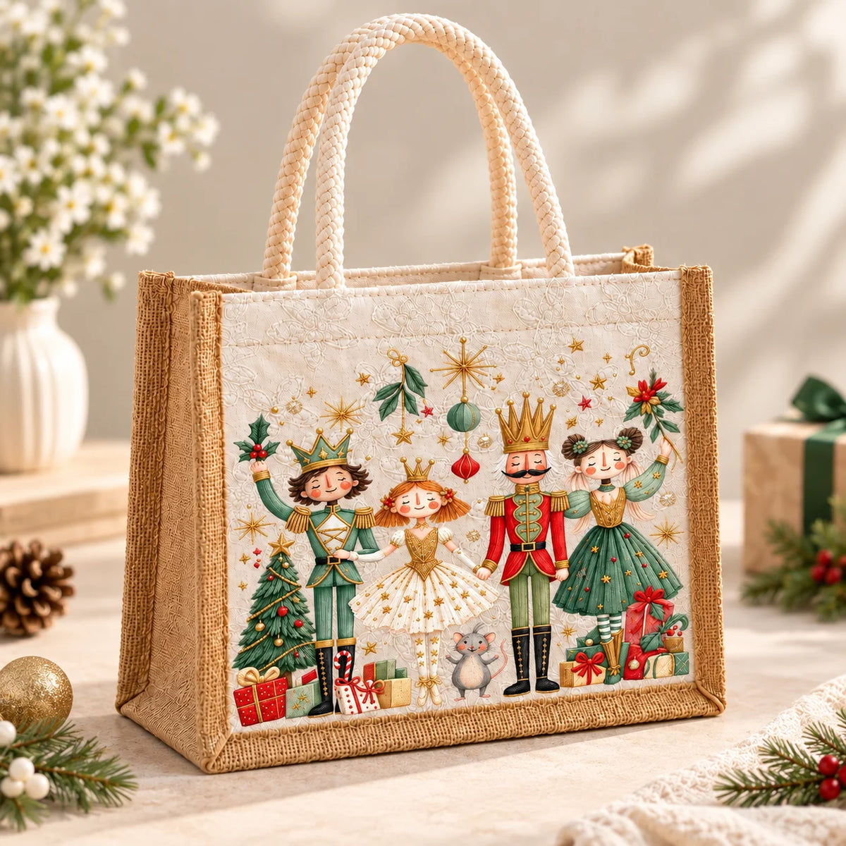 Bolsa tote com estampa de quebra-nozes, alça trançada, bolsa para transportar o almoço, organizador reutilizável para compras, leve, ideal para piqueniques e para guardar objetos, para mulheres.
