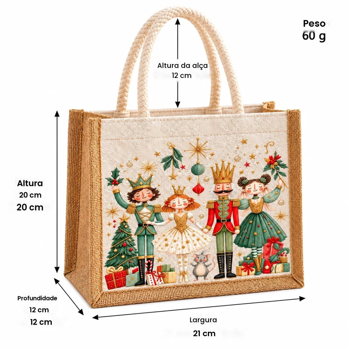 Bolsa tote com estampa de quebra-nozes, alça trançada, bolsa para transportar o almoço, organizador reutilizável para compras, leve, ideal para piqueniques e para guardar objetos, para mulheres.