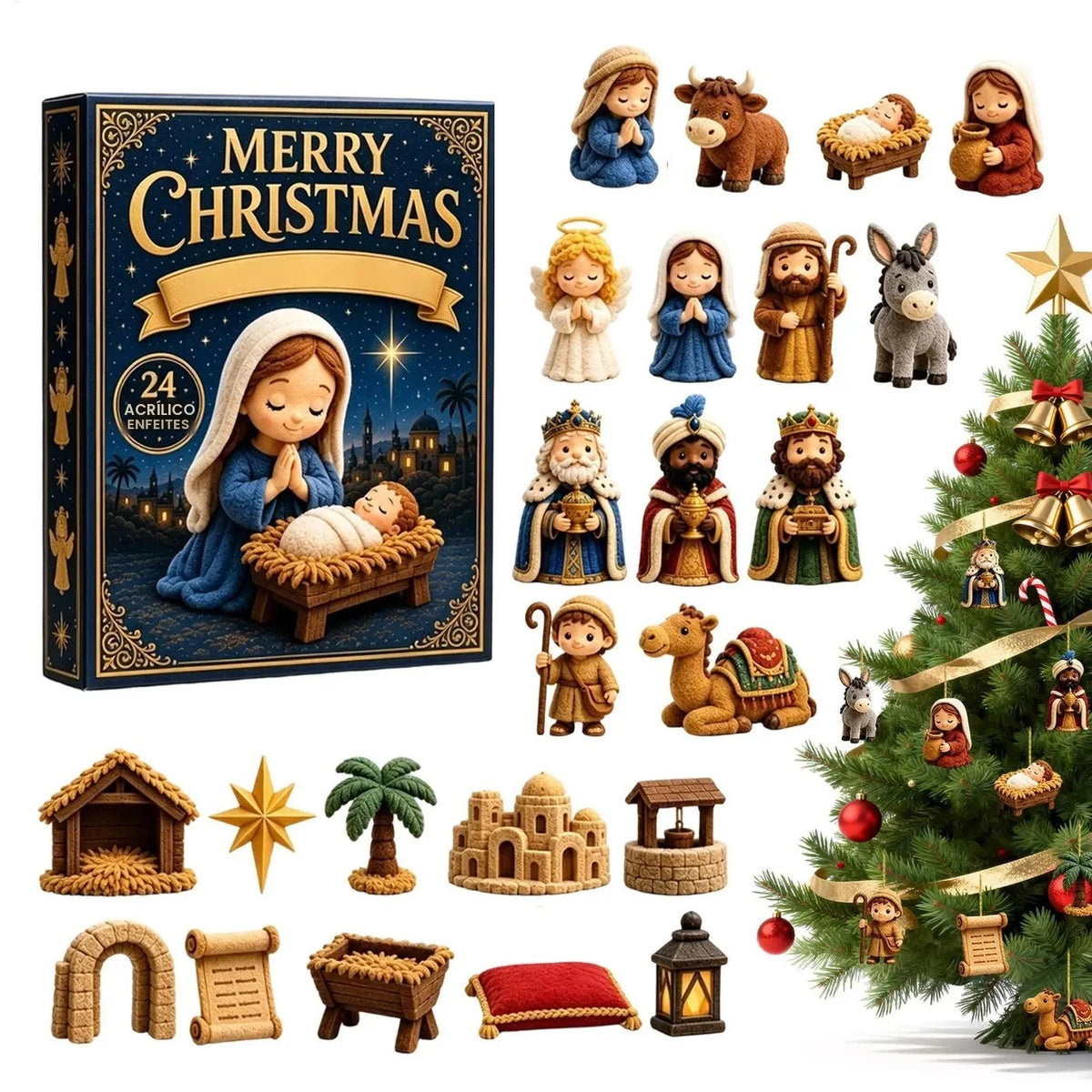 Calendário do Advento de Natal 2026, Calendário de Contagem Regressiva de 24 Dias, Conjunto de 24 Peças de Cena de Natal em Acrílico 2D, Ornamento de Parede para Festival Religioso