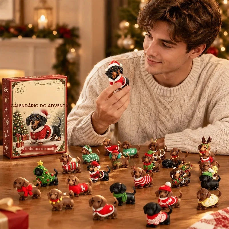 Calendário do Advento de Natal 2026 com Cachorro 3D Fofo, Calendário de Contagem Regressiva de 24 Dias, Cachorro Salsicha, Decoração Natalina para Casa, Caixa de Presente Surpresa