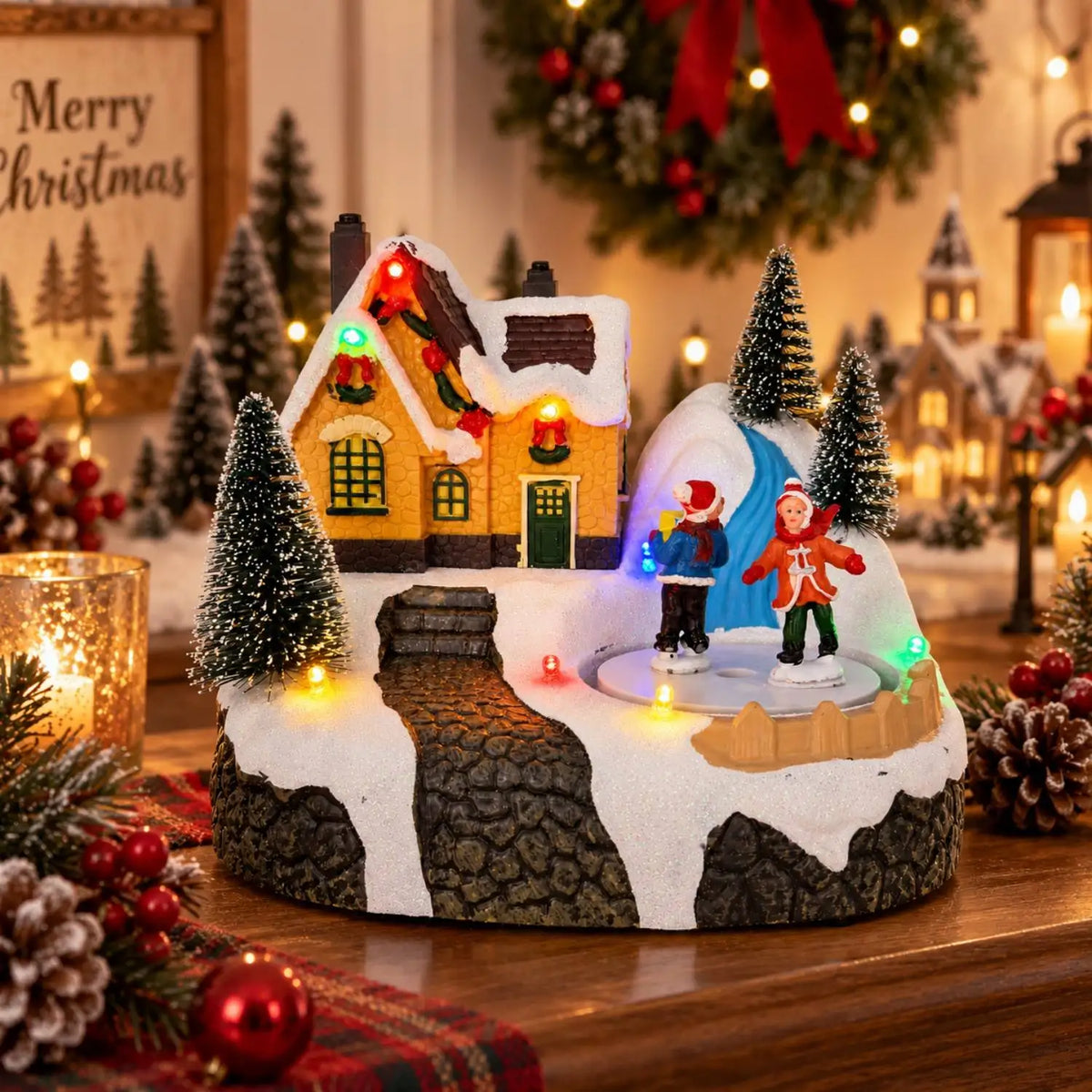 Casa de Vila Natalina Iluminada com Música, Figuras de Patinadores Giratórios, Coleção de Vila Nevada, Decoração de Mesa para Festas de Natal