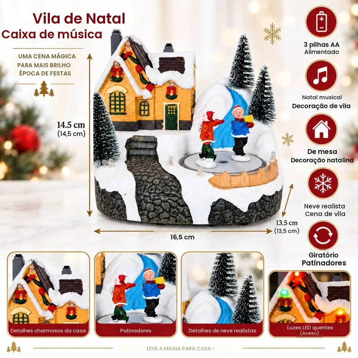 Casa de Vila Natalina Iluminada com Música, Figuras de Patinadores Giratórios, Coleção de Vila Nevada, Decoração de Mesa para Festas de Natal