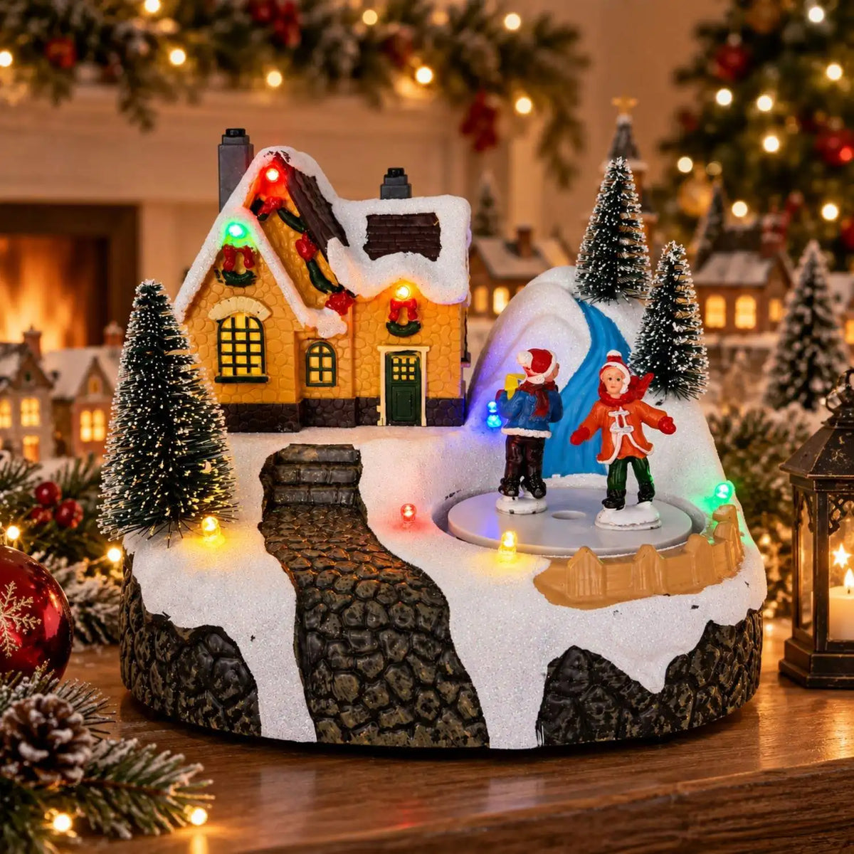 Casa de Vila Natalina Iluminada com Música, Figuras de Patinadores Giratórios, Coleção de Vila Nevada, Decoração de Mesa para Festas de Natal