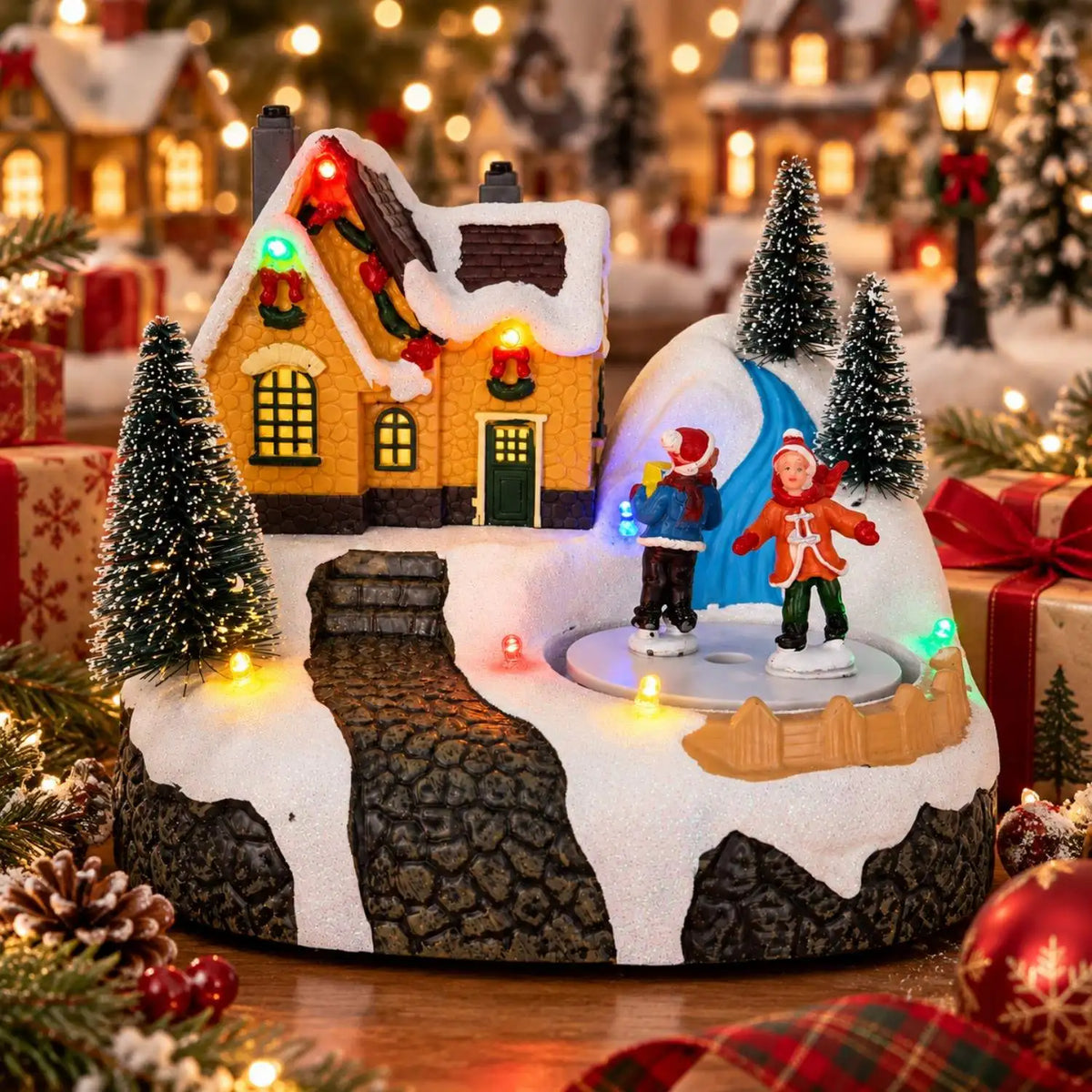 Casa de Vila Natalina Iluminada com Música, Figuras de Patinadores Giratórios, Coleção de Vila Nevada, Decoração de Mesa para Festas de Natal