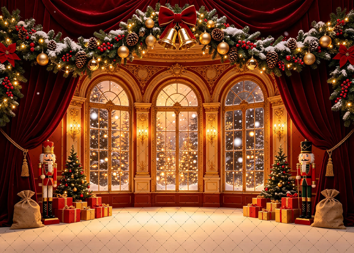 Cenário Floral de Natal com Boneco Quebra-Nozes e Cortina Vermelha para Fotos de Estúdio e Decoração de Sessões Fotográficas de Feriado