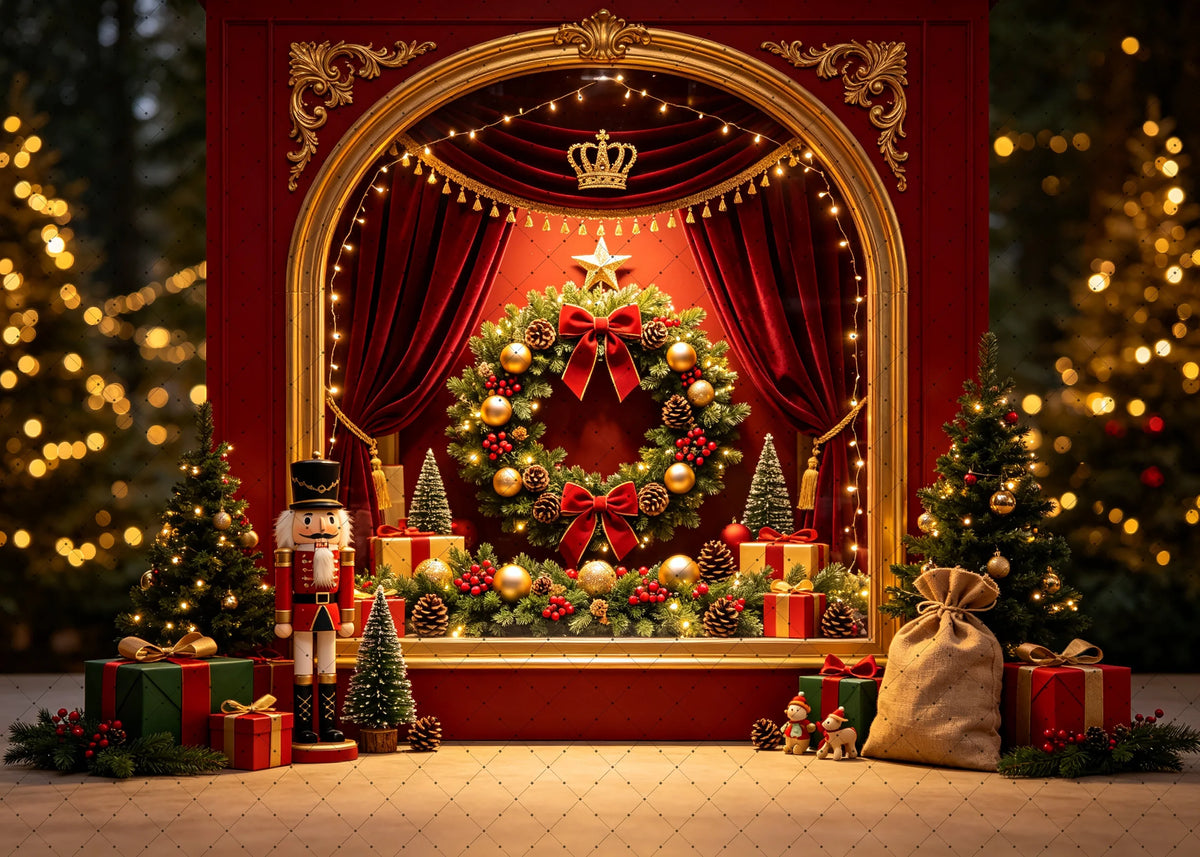 Cenário Floral de Natal com Boneco Quebra-Nozes e Cortina Vermelha para Fotos de Estúdio e Decoração de Sessões Fotográficas de Feriado