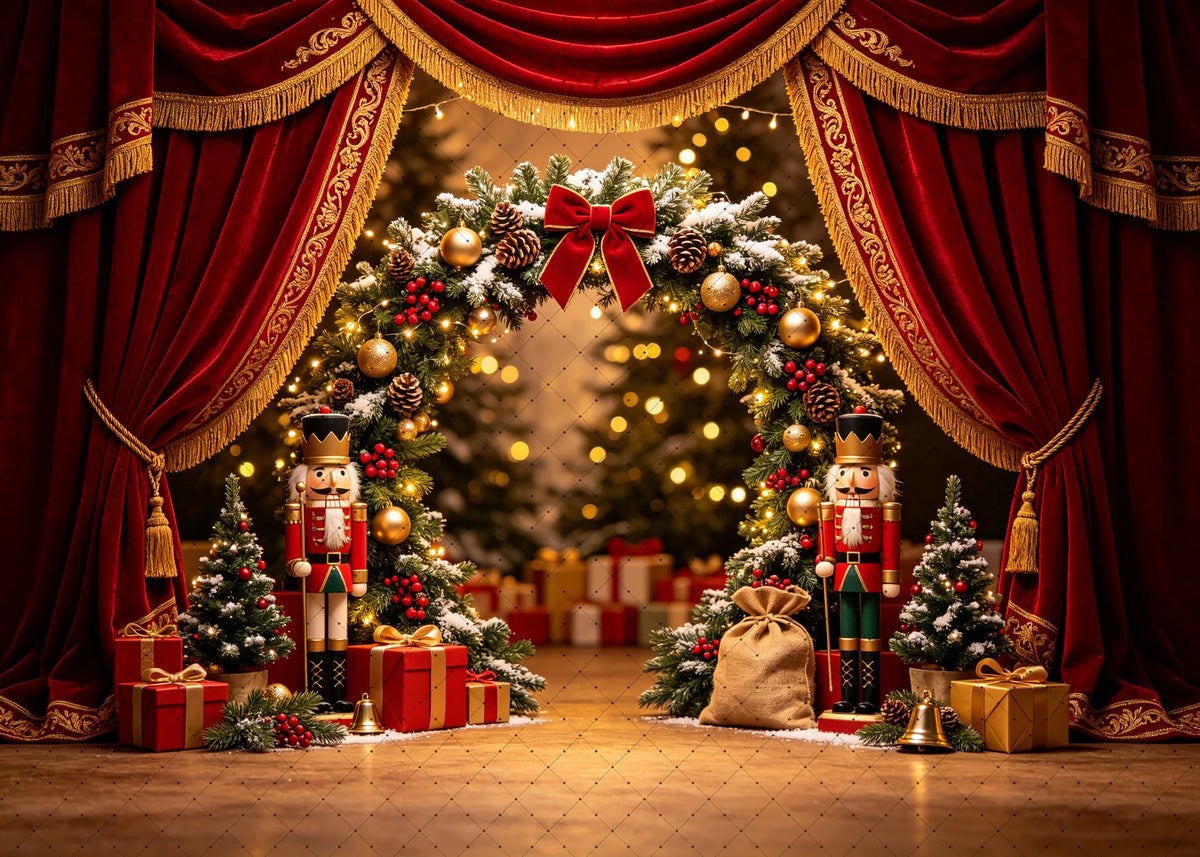 Cenário Floral de Natal com Boneco Quebra-Nozes e Cortina Vermelha para Fotos de Estúdio e Decoração de Sessões Fotográficas de Feriado