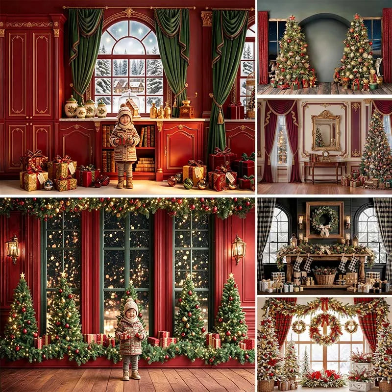 Cenários de Natal LS com Janela Arqueada Grande para Fotografia de Crianças e Bebês, Fundos Luxuosos de Castelo de Natal com Lareira Interna e Árvores