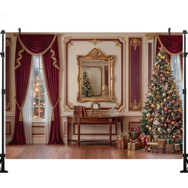 Cenários de Natal LS com Janela Arqueada Grande para Fotografia de Crianças e Bebês, Fundos Luxuosos de Castelo de Natal com Lareira Interna e Árvores