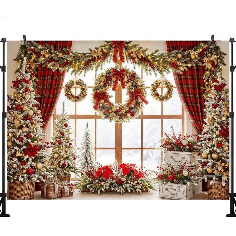Cenários de Natal LS com Janela Arqueada Grande para Fotografia de Crianças e Bebês, Fundos Luxuosos de Castelo de Natal com Lareira Interna e Árvores